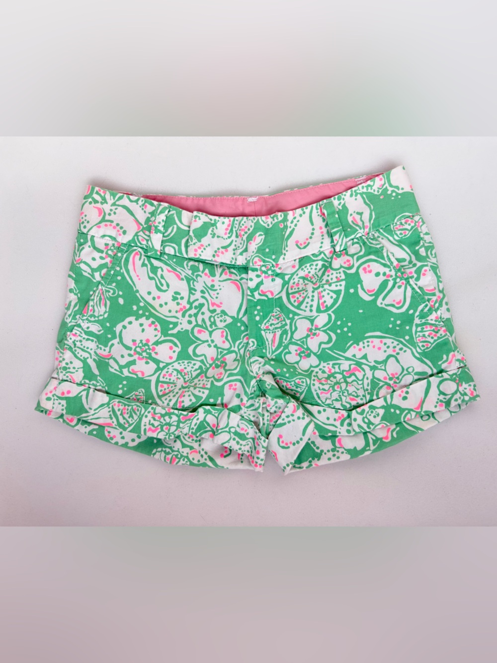 Lily Pulitzer Barclay Chino Shorts Pink Green White Size 00 Seashell Pattern